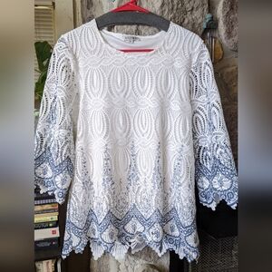 Adore White and Blue Lace Blouse Size M